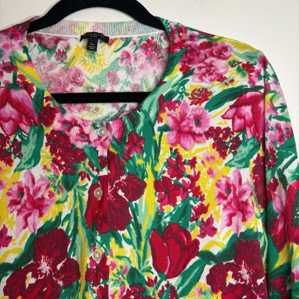 Talbots LP Petite Cardigan‎ Bold Red Pink Yellow Green Floral Cotton Rayon